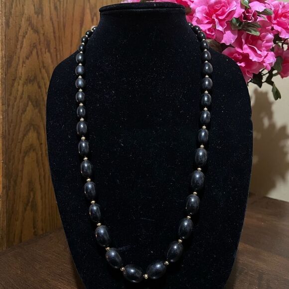 Monet Jewelry - MONET Black Oval Plastic Beaded Graduated Necklace, Gold tone, Vintage, 28-1/2”